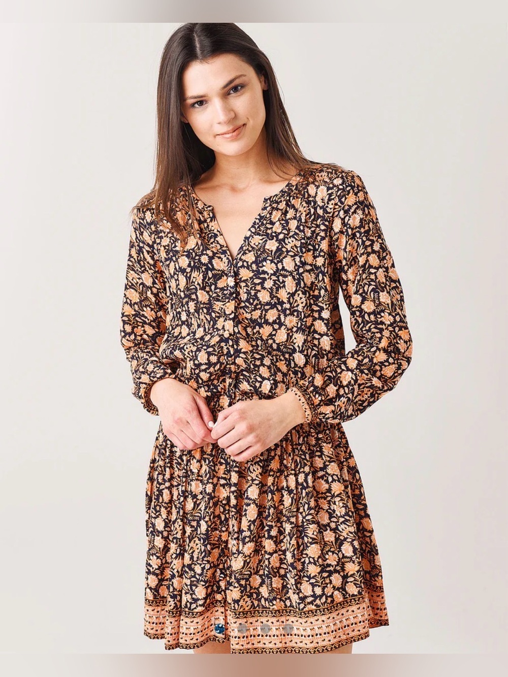 Faherty Reva Floral Smocked Midi Dress XL Navy Peach Boho